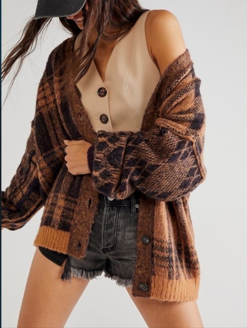 Free People SEPIA CARDI Plaid Cardigan Sweater - Brown and Purple